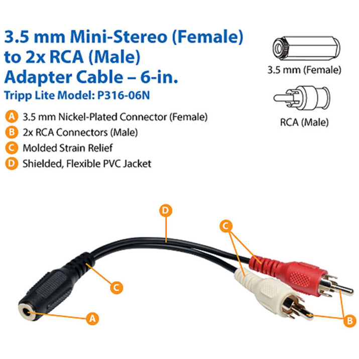 Tripp Lite 6in Mini Stereo to 2 RCA Audio Y Splitter Cable 3.5mm 2xM/F –  Natix