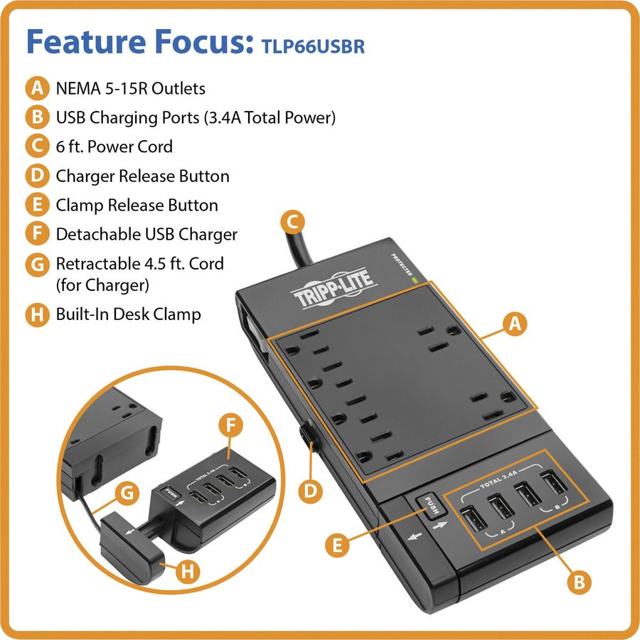 Tripp Lite Surge Protector Power Strip 8 Outlets 4 USB Ports 6ft